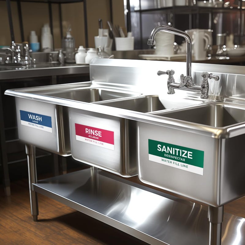 Pixelverse Design 5 Pack Wash Rinse Sanitize Sink Labels, Waterproof Sticker Signs, 3 Compartment Sink Labels - Restaurant Supplies, Food Truck Supplies, Dishwashing Sign Wash Station - Image 3
